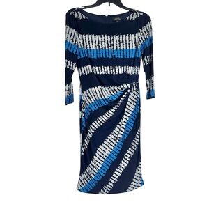 Tahari size 4 Blue and gray Ruched Sheath Dress with Cuffed 3/4 Sleeves